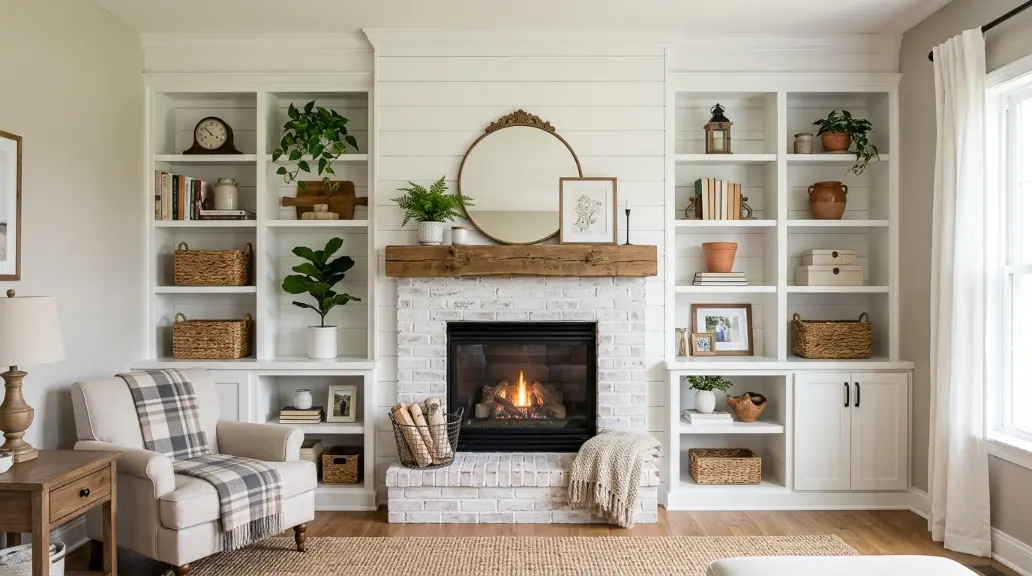 Shiplap Fireplace with Built-In Shelves