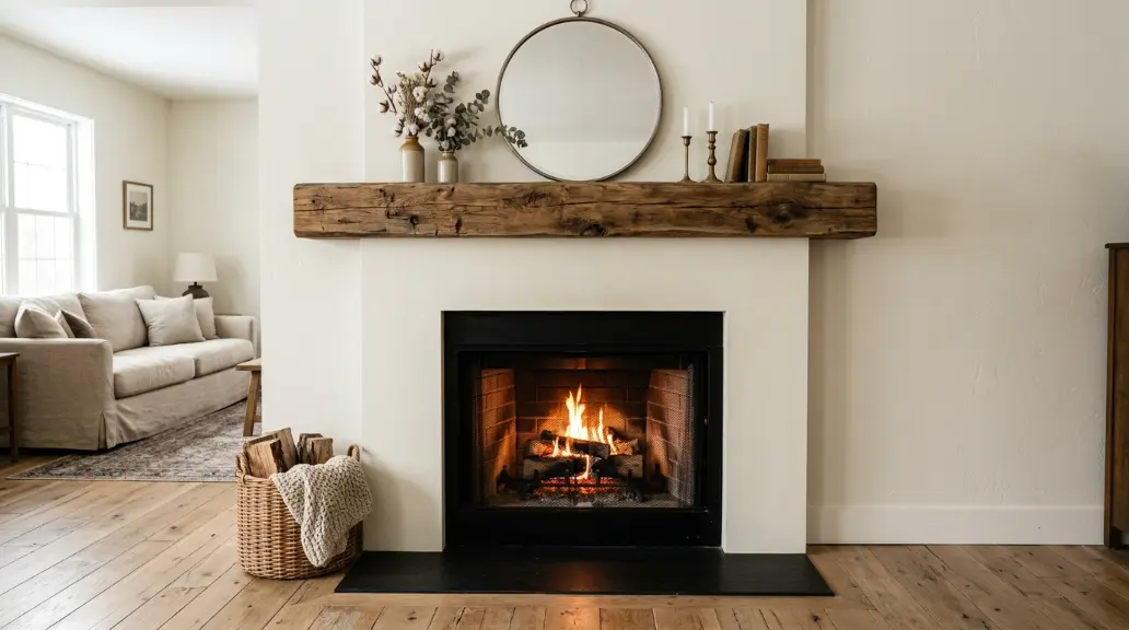 Wood Beam Mantel Over a Simple Painted Surround