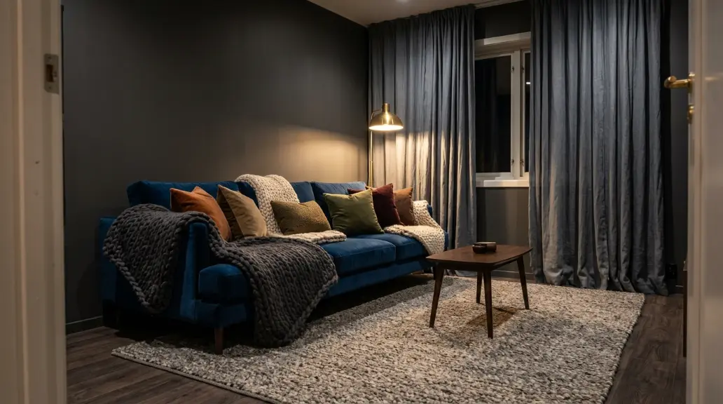 Cozy Dark Living Room with Layered Textiles