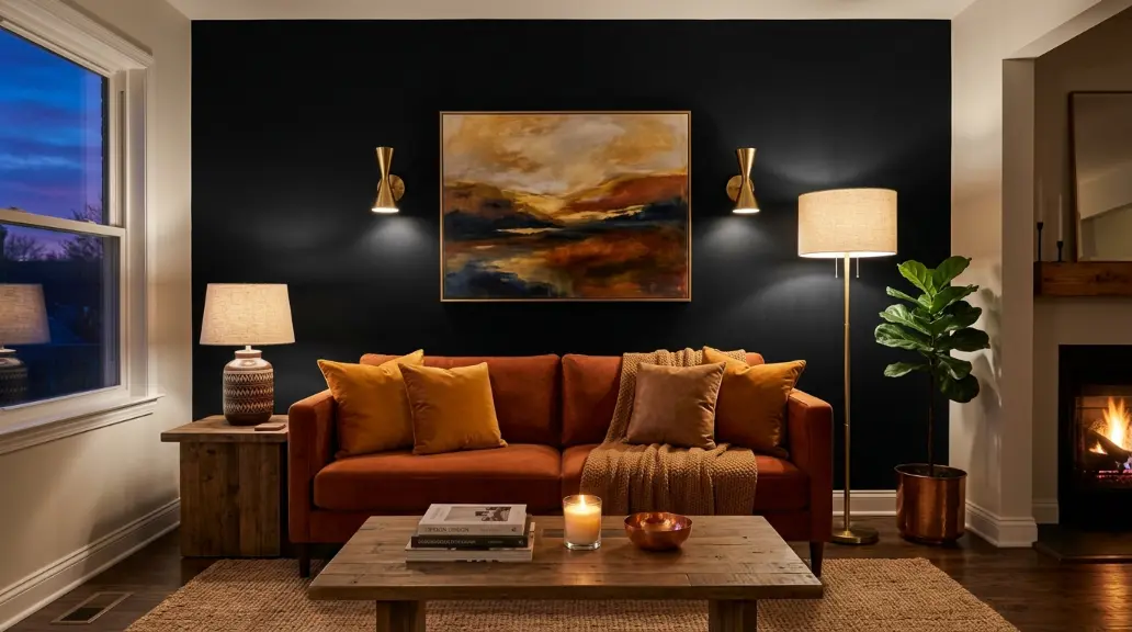 Black Accent Wall with Layered Lighting