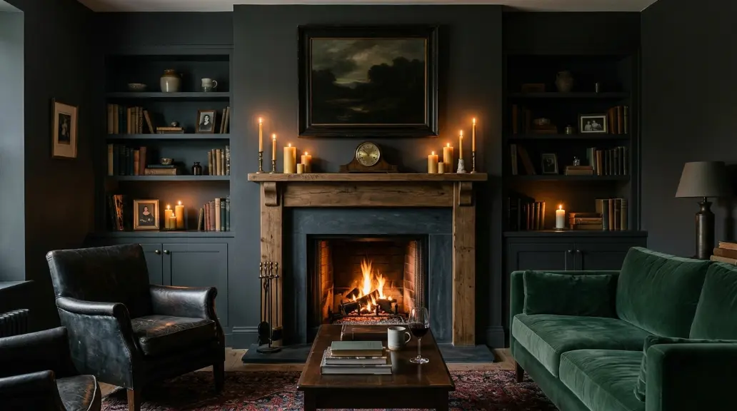 Moody Living Room with a Fireplace