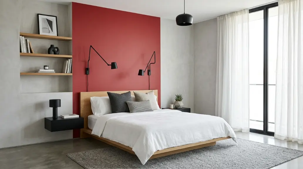 Luxury Cherry Red Bedroom with a Chandelier