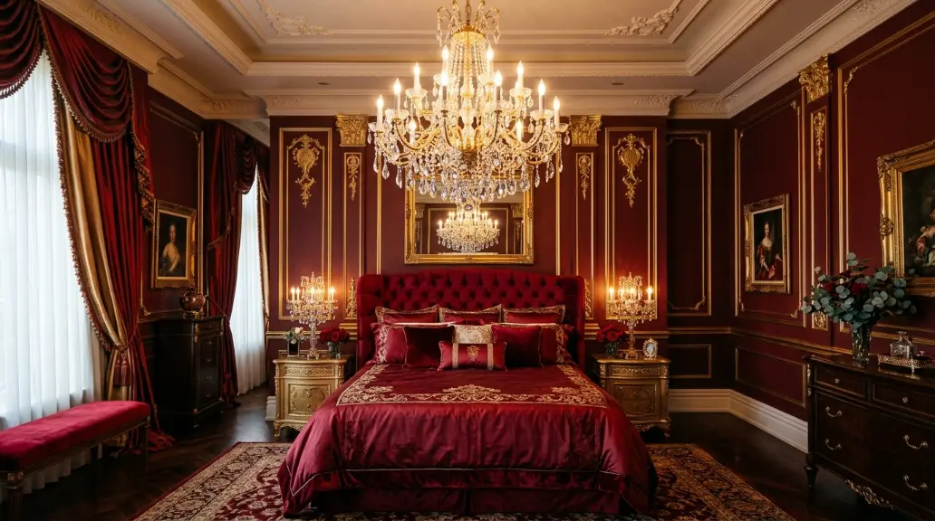 18. Cherry Red Bedroom with Natural Wood Accents