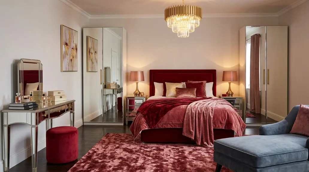 17. Glam Bedroom with Red and Mirrored Surfaces