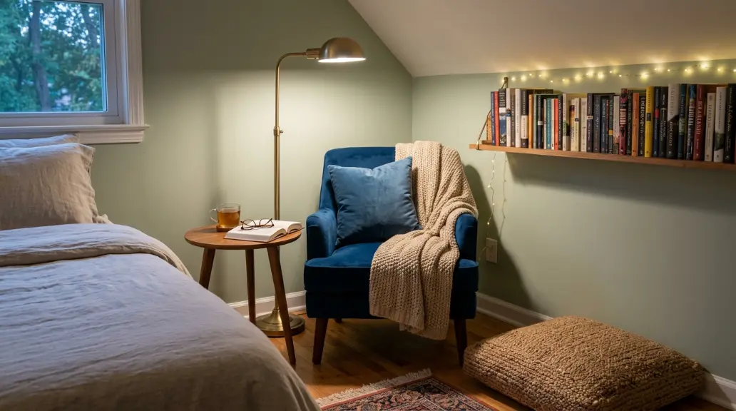 A Reading Nook With Soft Cushions and Lighting