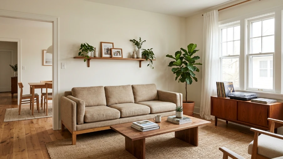 Cloud Dancer Walls With Warm Wood Accents