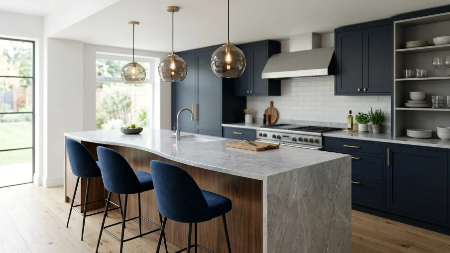 Curved Island with Pendant Lighting