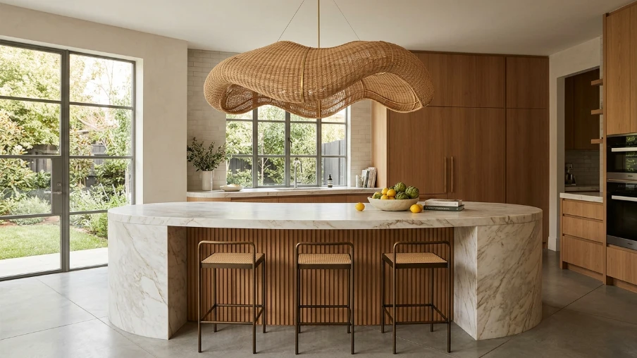 Curved Island with Statement Pendant Chandelier
