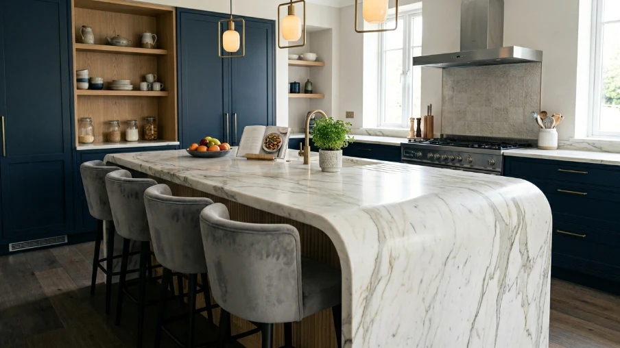 Curved Island with Waterfall Countertop Edge