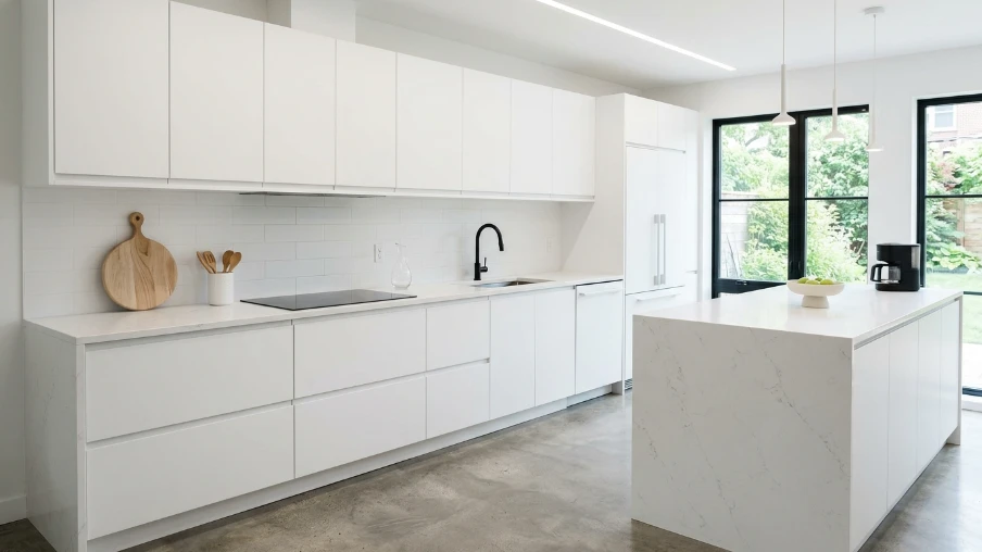 Minimalist White Kitchen with Handle-Less Cabinets