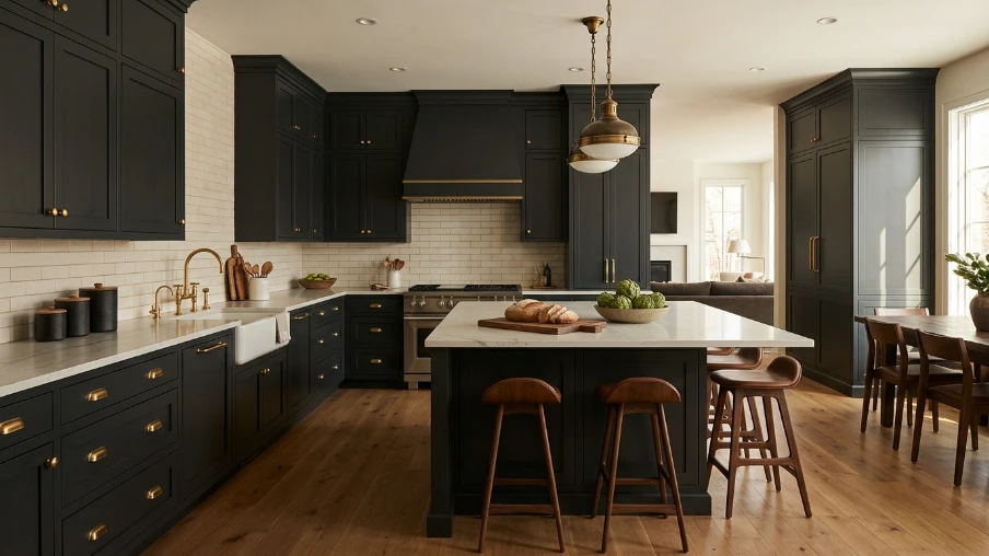 Dark Cabinetry Kitchen with Brass Hardware