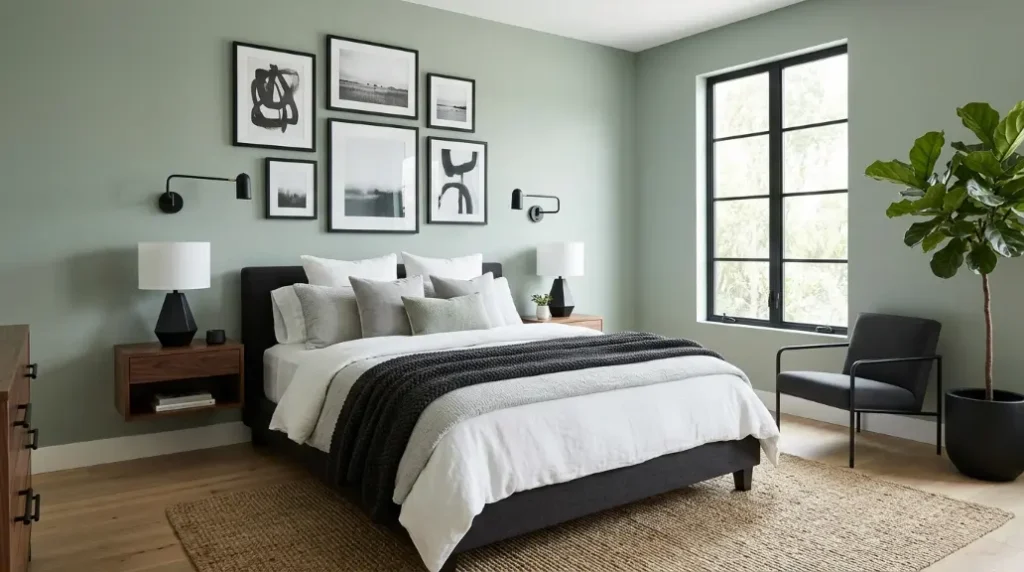 Sage Green Bedroom with Rattan and Natural Fibers