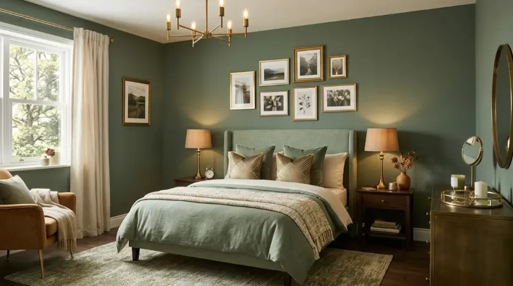 Modern Sage Green Bedroom with Black Accents