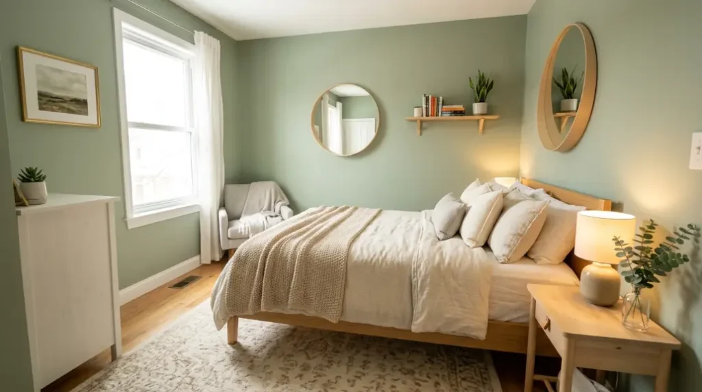 Sage Green Bedroom with Brass and Gold Accents