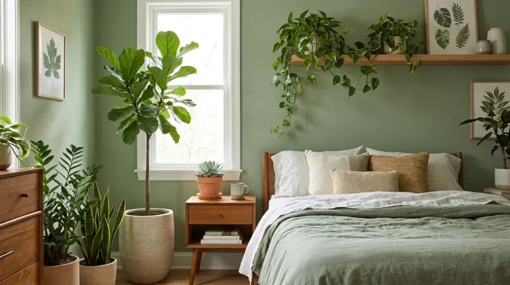 Sage Green Bedroom with Plants