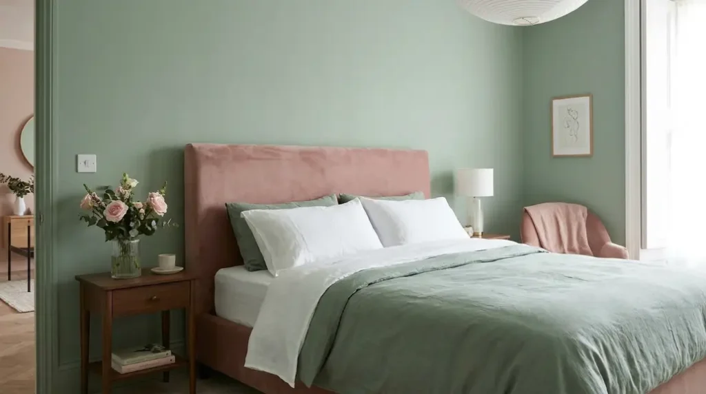 Sage Green Bedroom with Warm Wood Tones