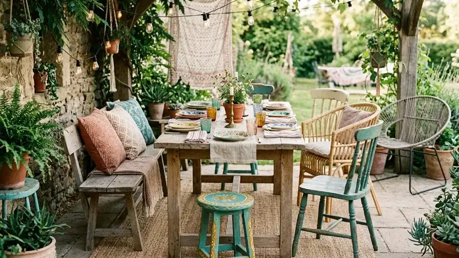 Boho Outdoor Dining with Mismatched Seating
