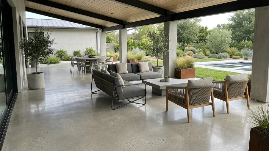 Modern Covered Patio with Polished Concrete Floor