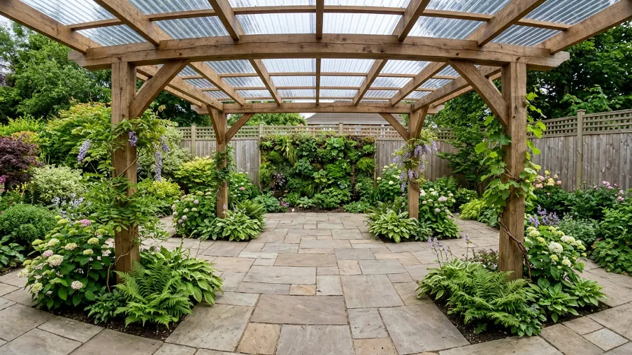 . Covered Backyard Patio with Garden Integration