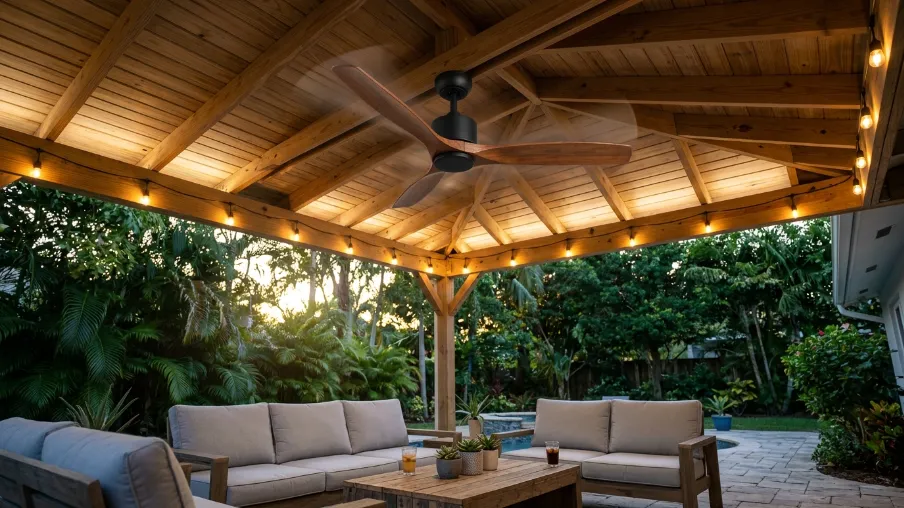 Covered Patio with String Lights and Ceiling Fan