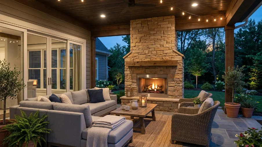Covered Patio with Outdoor Fireplace