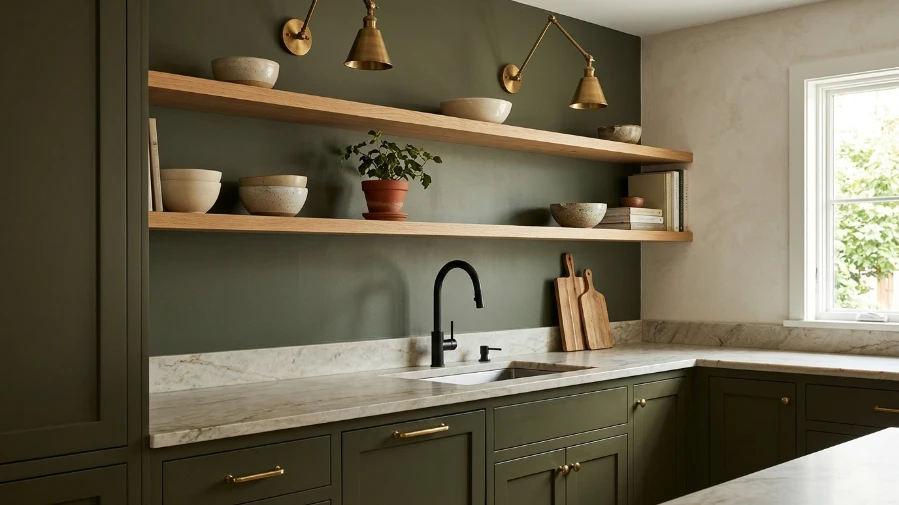  Dark Green Kitchen with Open Shelving