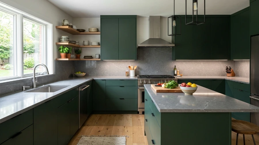  Contemporary Dark Green Kitchen with Quartz Countertops