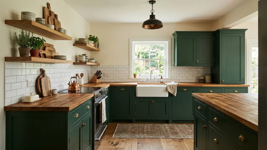 Forest Green Kitchen with Butcher Block Countertops