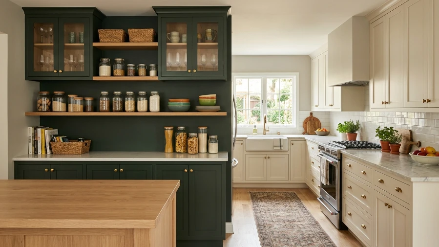 Dark Green Kitchen Accent Wall with Pantry