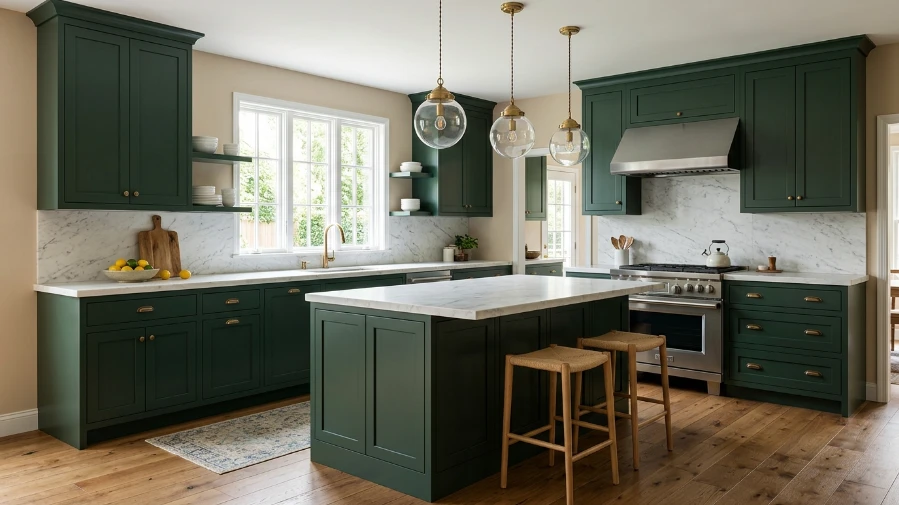 Dark Green Kitchen with White Marble Countertops