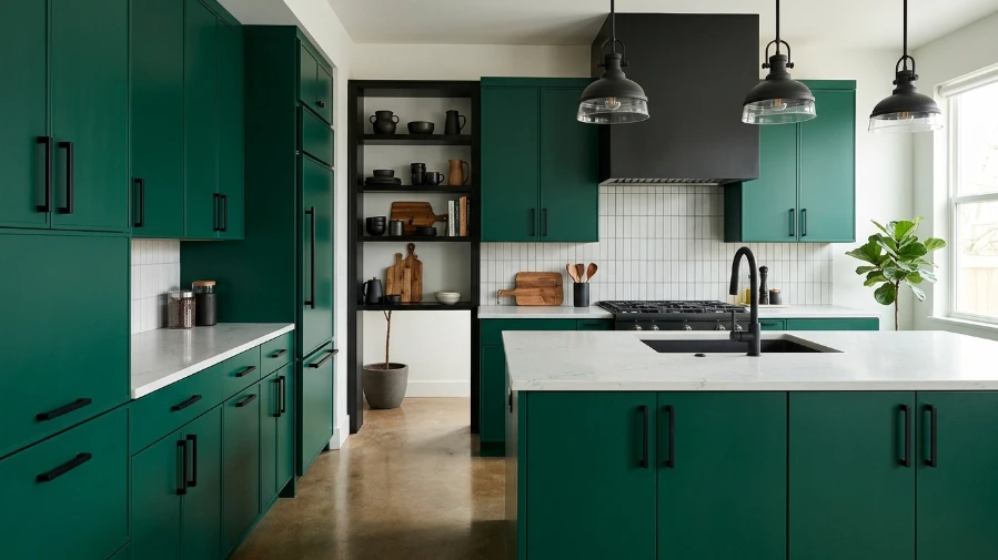 . Emerald Green Kitchen with Black Fixtures