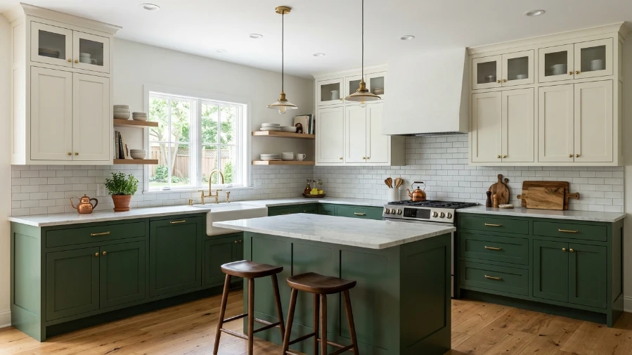  Dark Green Lower Cabinets with White Upper Cabinets