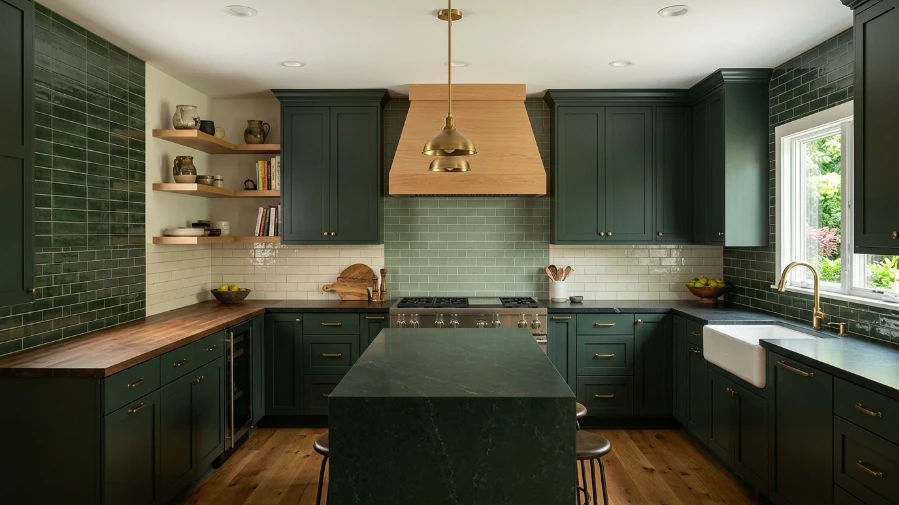  Dark Green Kitchen with Subway Tile Backsplash
