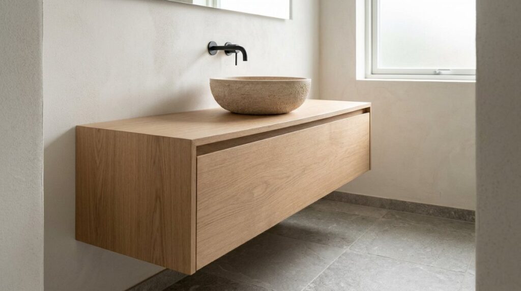 Use a Warm Wood Vanity as the Focal Point