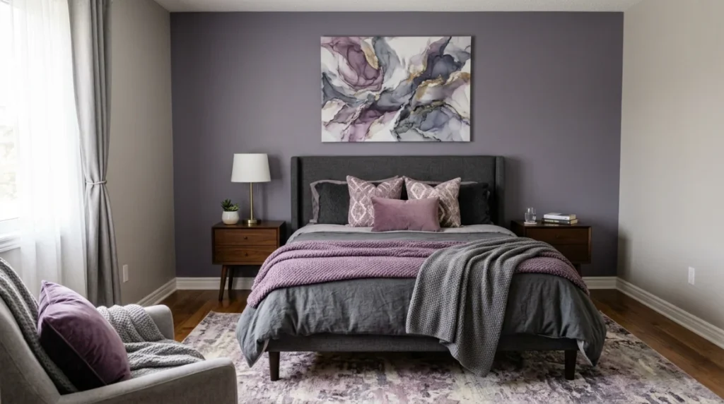 Soft Lavender Walls with Warm Gray Bedding