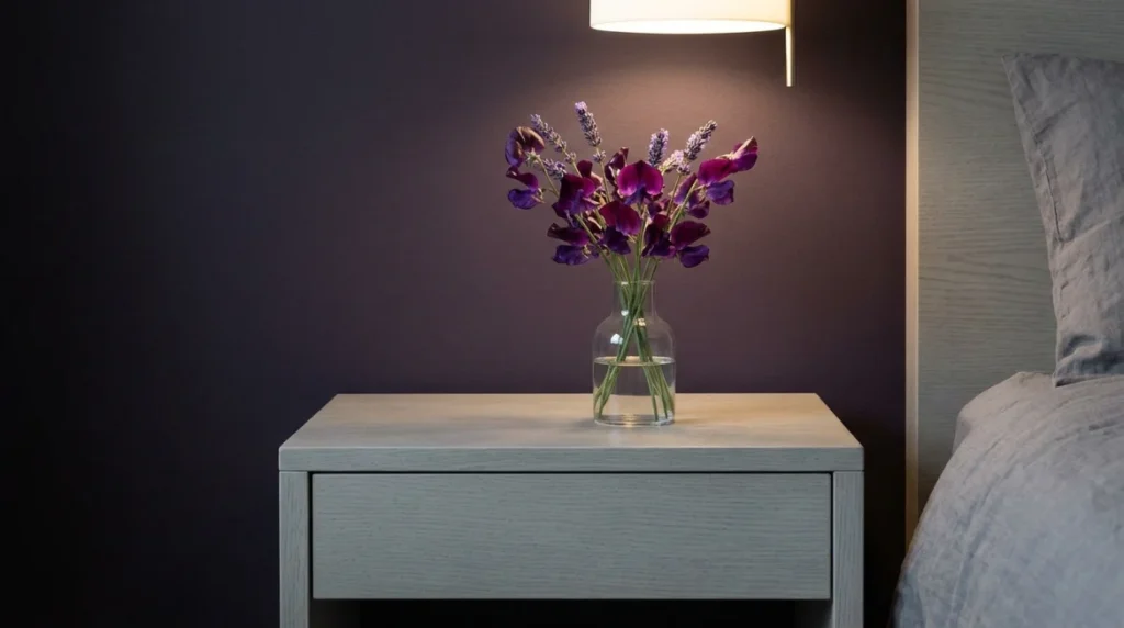 Neutral Bedroom Decor with One Purple Statement Piece