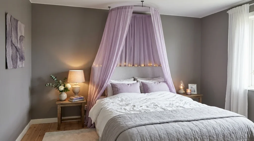 Purple Bedroom Walls with Gray Furniture and Gold Accents