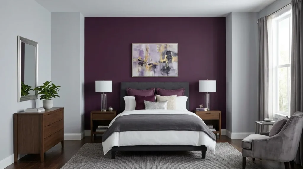 Gray Bedroom Furniture with Purple Velvet Accents