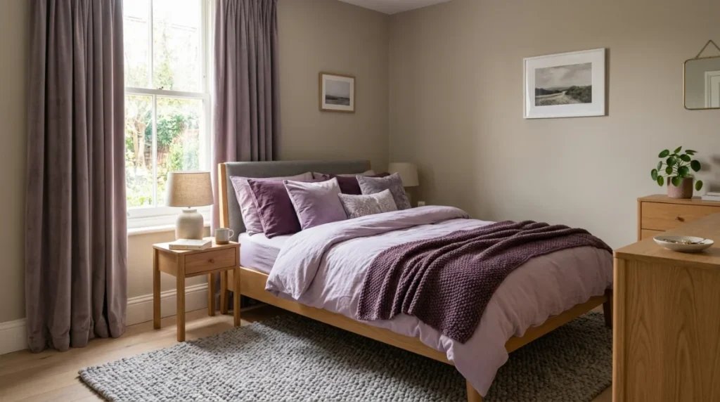 Purple Accent Bedroom with Neutral Gray Base