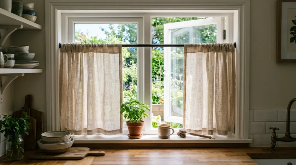 Add Woven Curtains or Cafe Curtains