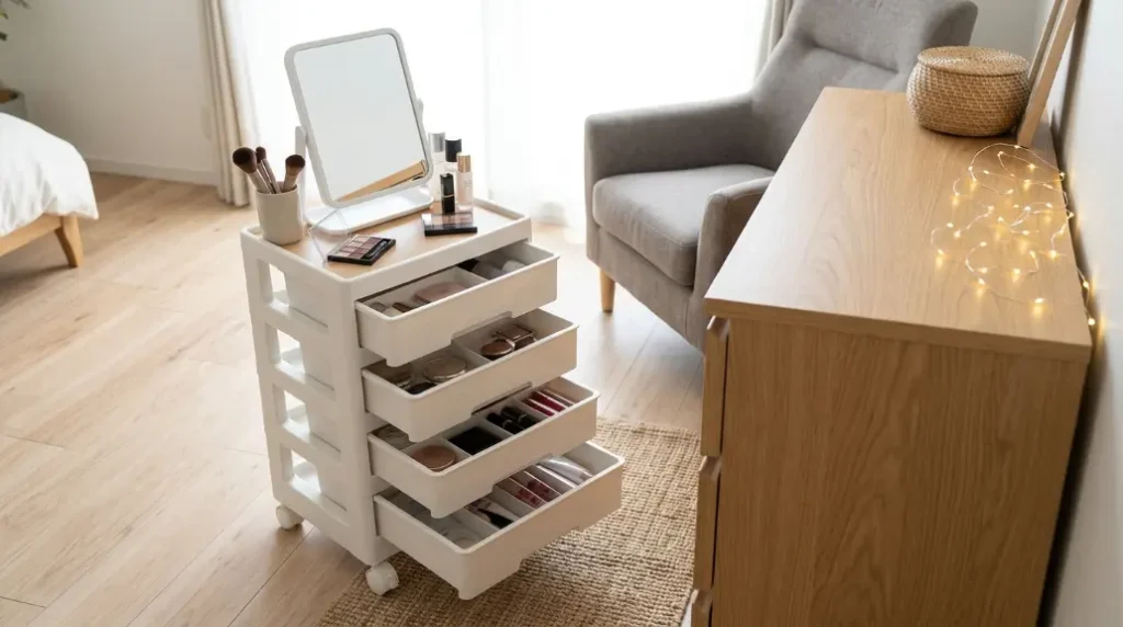 Chic Bedroom Vanity with Open Shelving