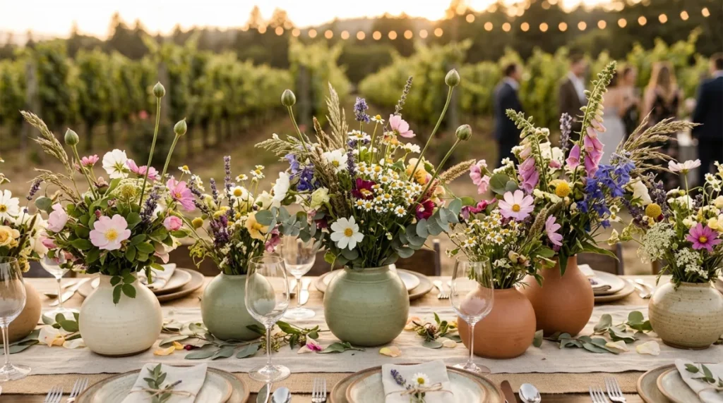Loose Boho Wildflower Bouquet in Ceramic Vases