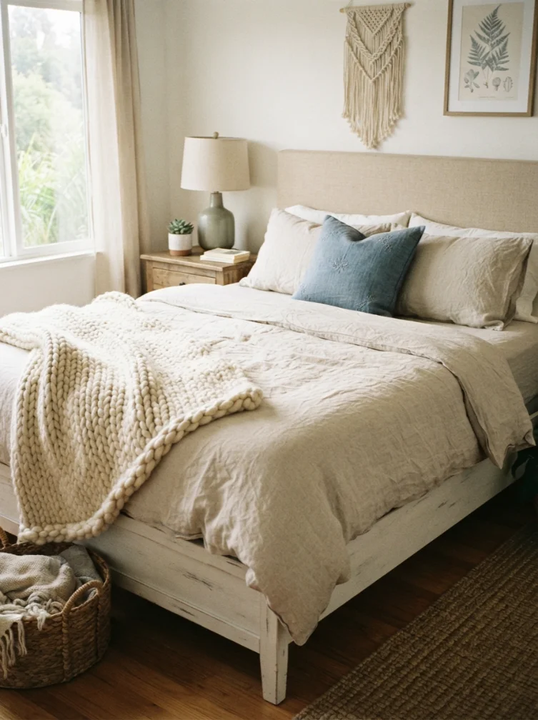 Natural Linen Bedding in Layers