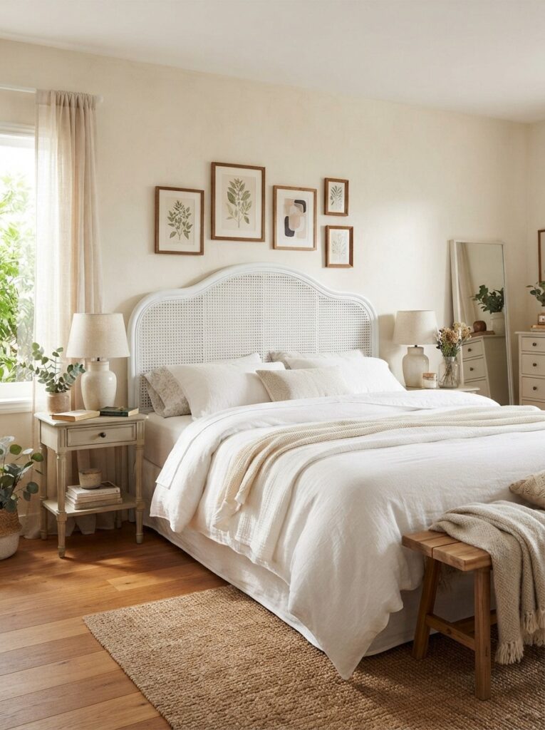 Vintage Rattan Headboard with Brass Hardware