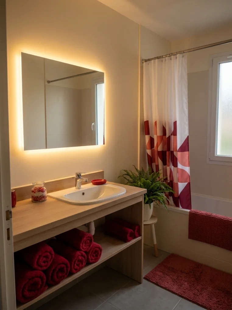 Cherry Red Touches in a Bathroom
