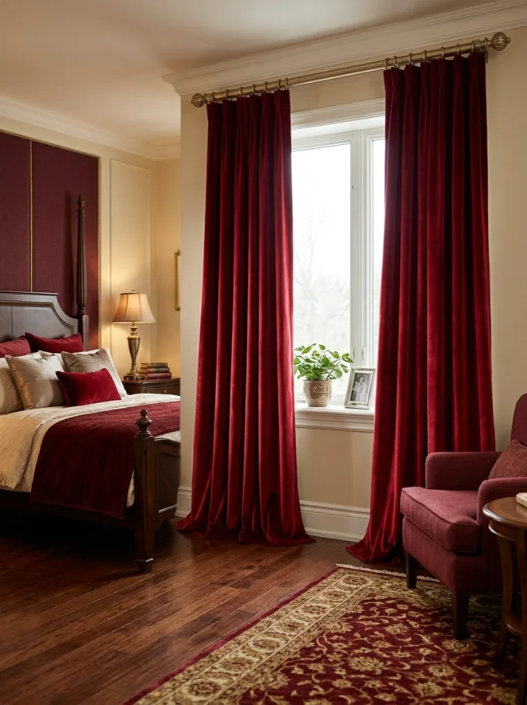 Cherry Red Curtains in a Living Room 