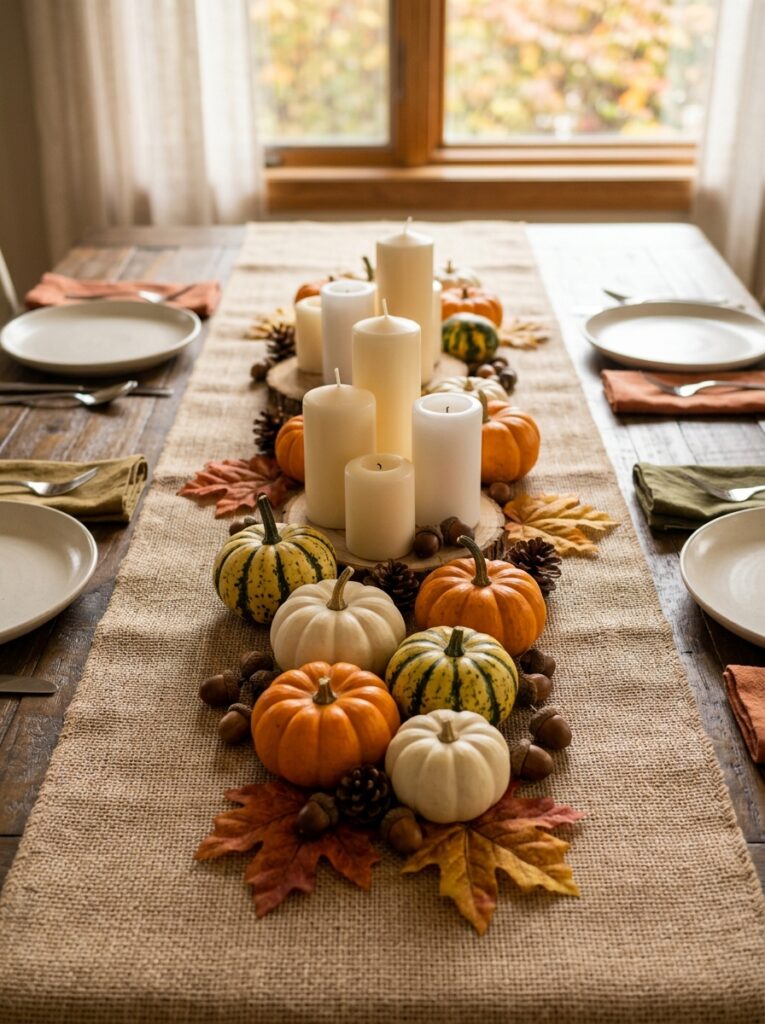 Burlap Table with Fall Table Centerpieces