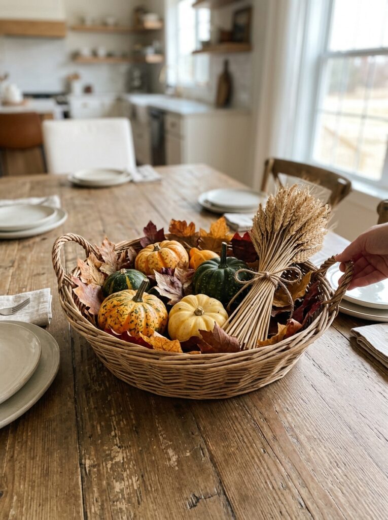 Wicker Basket with Fall Table Centerpieces