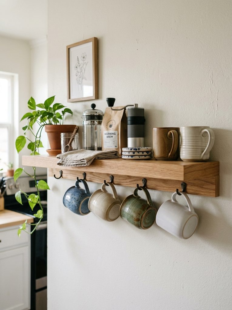 Row of mugs with Floating Shelf Decor