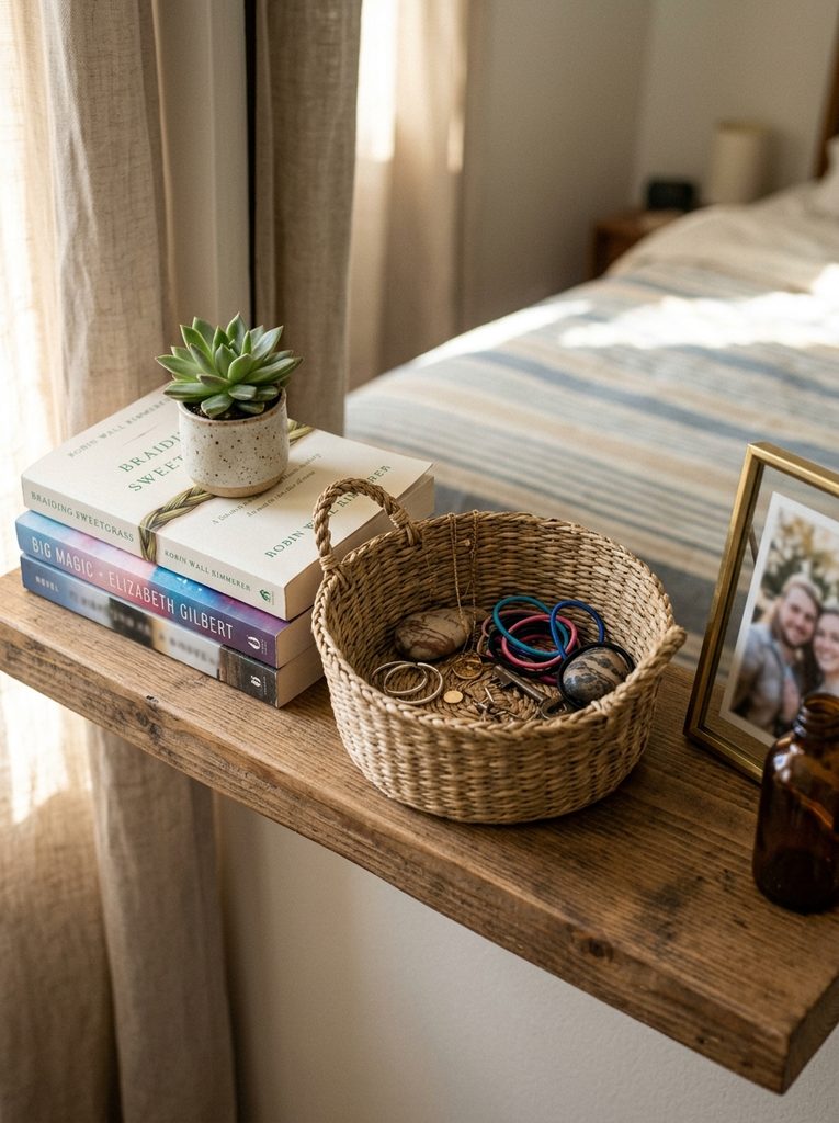 A basket with Floating Shelf Decor